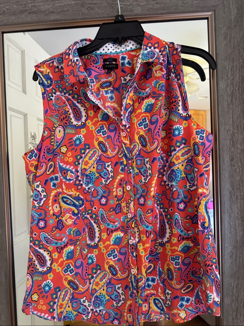 Talbots Bright Orange Paisley Sleeveless Button-Down Blouse non iron 98% cotton🍀